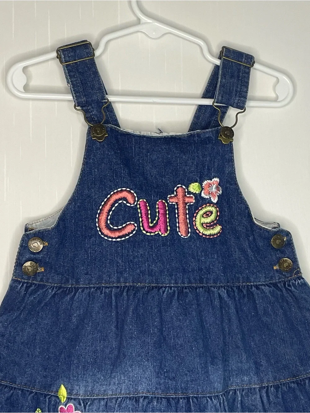 VTG Young Hearts Denim Jumper Overall Dress 2T Cute Embroidered Tiered Lace 2T